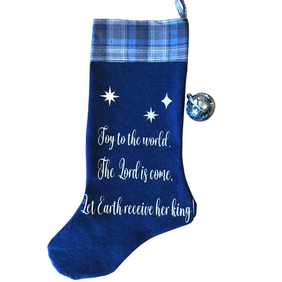 Denim Christmas Stocking: Old Fashioned Holiday Home Decor, Joy to the World - Picture 1 of 6